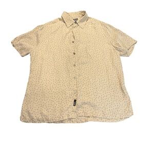 Murano‎ 100% Silk Short Sleeve Button Down Shirt XL Beige Palm Leaf Print